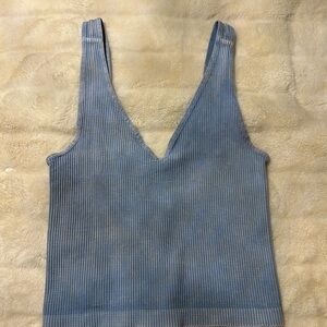 Blue Ribbed V-Neck Women's Crop Top